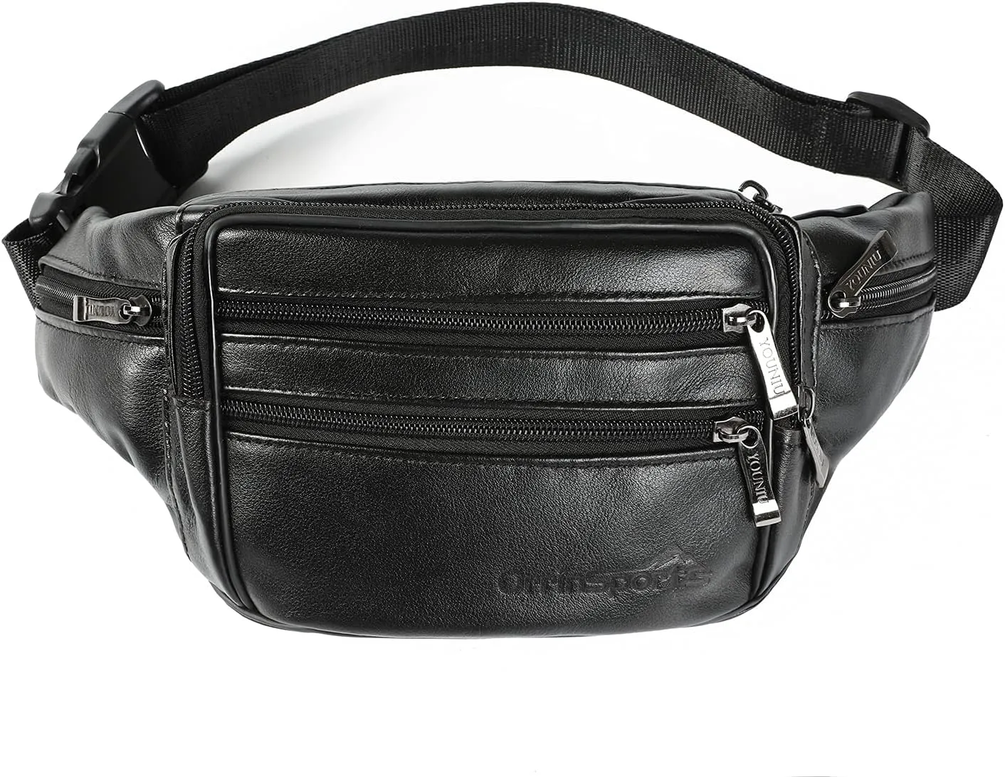 Black Leather Fanny Pack for Men & Women, Fashionable Multi-Pockets Waist Belt Bag for Travel Sports Hiking Cycling Fishing Running