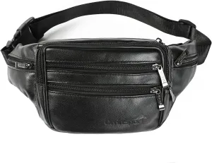 Black Leather Fanny Pack for Men & Women, Fashionable Multi-Pockets Waist Belt Bag for Travel Sports Hiking Cycling Fishing Running