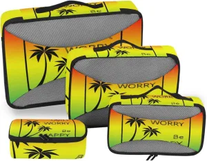 Black Palm Trees Silhouette Quote Don't Worry, Be Happy Colorful 4 PCs Set Packing Bags, Luggage Organizer Bag, Portable Cube Toiletry bag, Durable Travel Cosmetic Storage Bag for Men Women