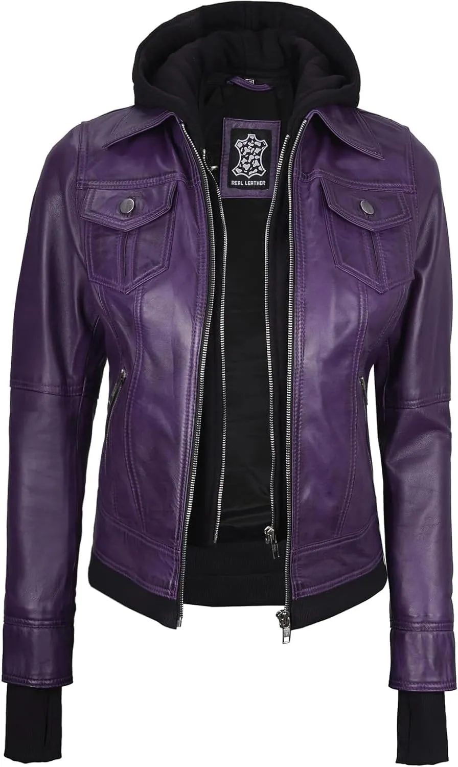Blingsoul Leather Bomber Jacket Women - Real Lambskin Womens Leather Jackets with Removable Hood
