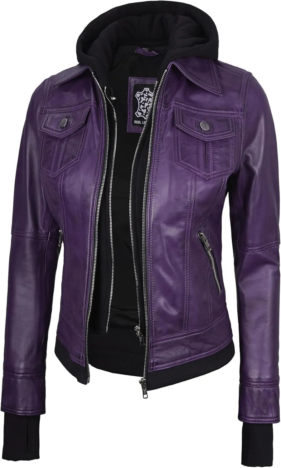 Blingsoul Leather Bomber Jacket Women - Real Lambskin Womens Leather Jackets with Removable Hood