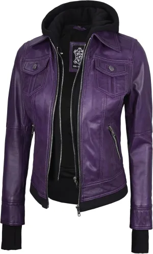 Blingsoul Leather Bomber Jacket Women - Real Lambskin Womens Leather Jackets with Removable Hood