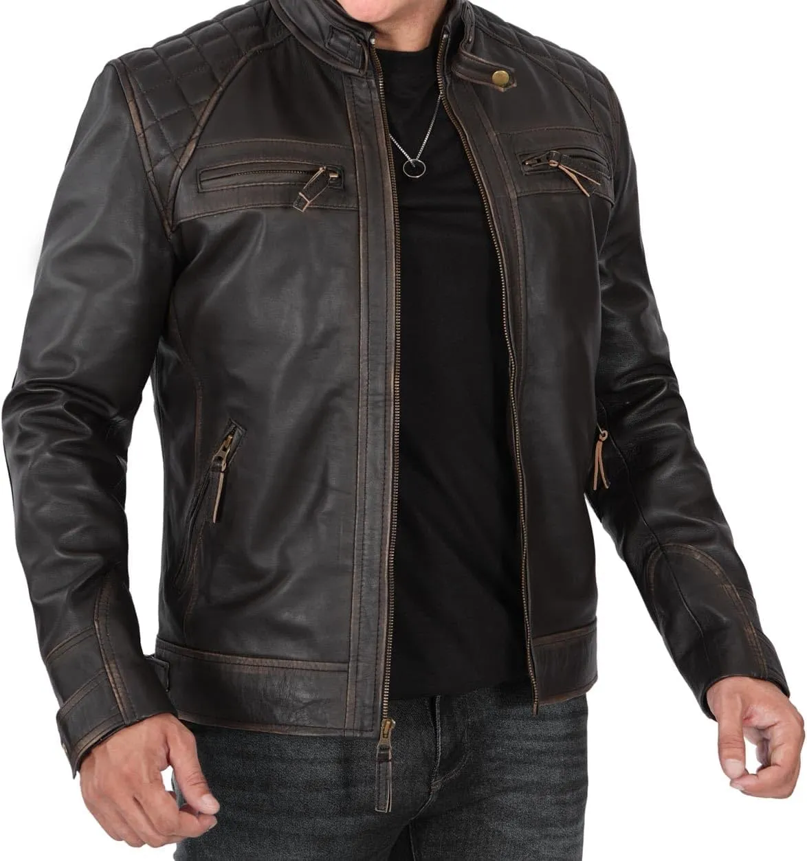 Blingsoul Leather Jacket Men - Quilted Cafe Racer Leather Jackets For Men