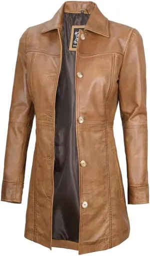 Blingsoul Womens Leather Jacket - Vintage Style Long Leather Jacket Women