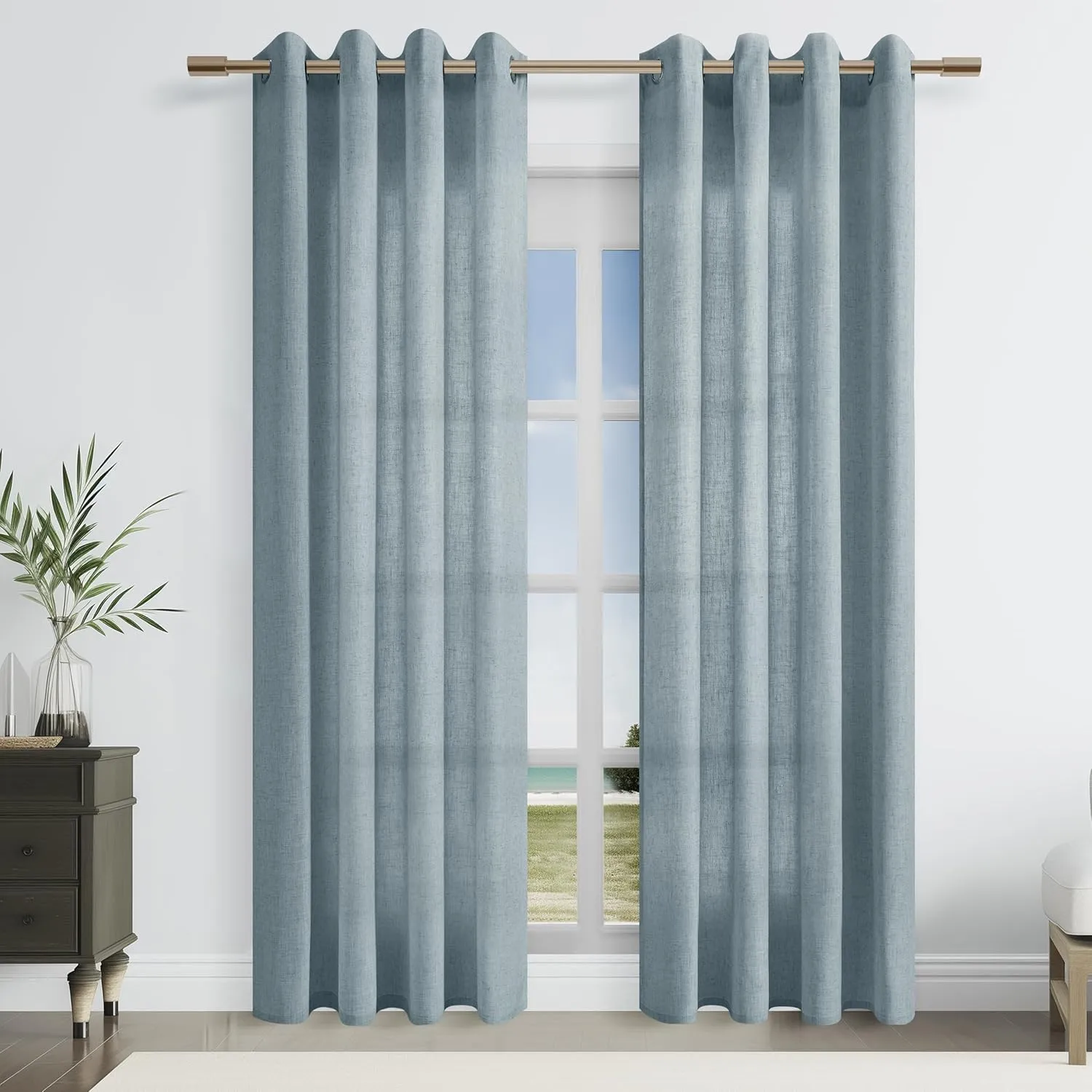 Blue Linen Curtains 84 Inch Length 2 Panels for Living Room Bedroom, Light Filtering Sheer Curtains 84 Inches, Elegant Modern Grommet Semi Sheer Soft Privacy Drapes