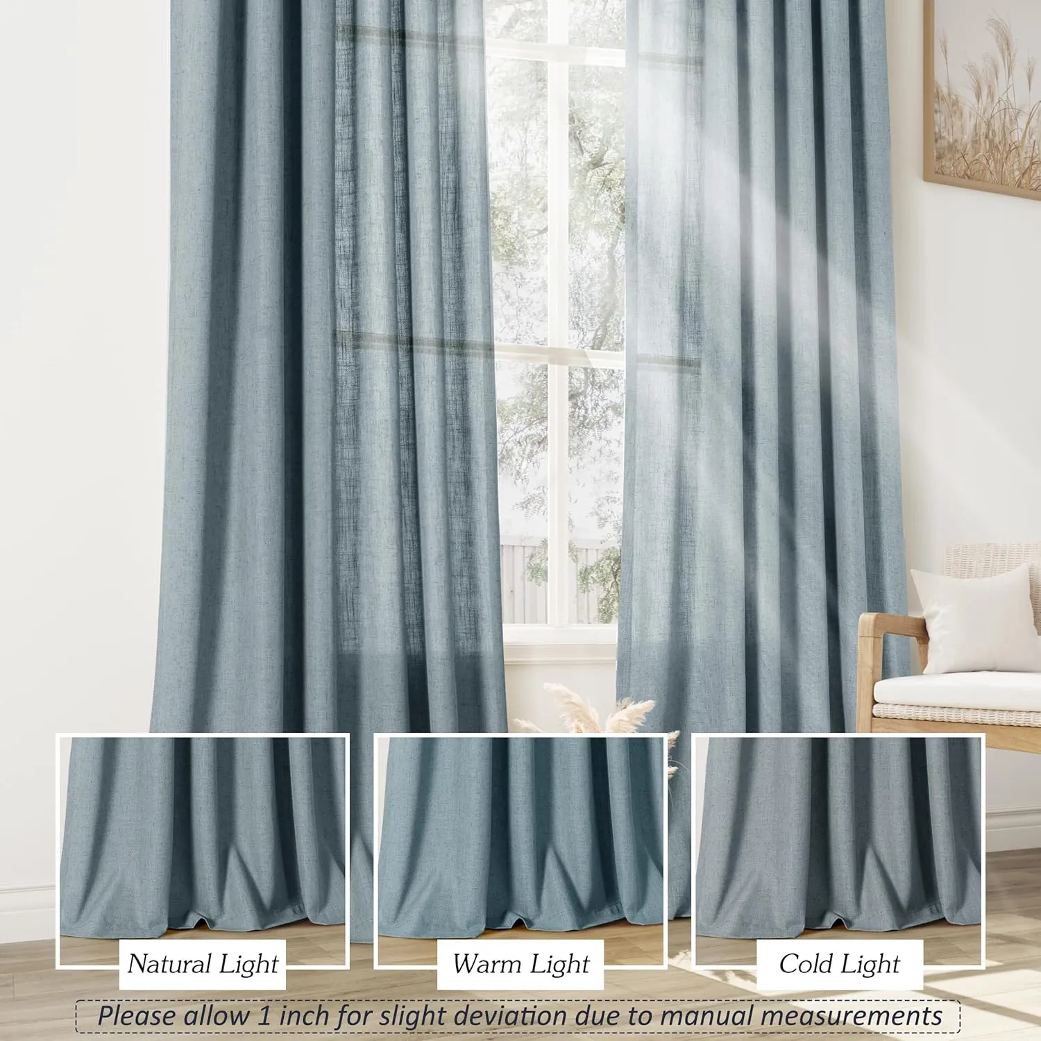 Blue Linen Curtains 84 Inch Length 2 Panels for Living Room Bedroom, Light Filtering Sheer Curtains 84 Inches, Elegant Modern Grommet Semi Sheer Soft Privacy Drapes