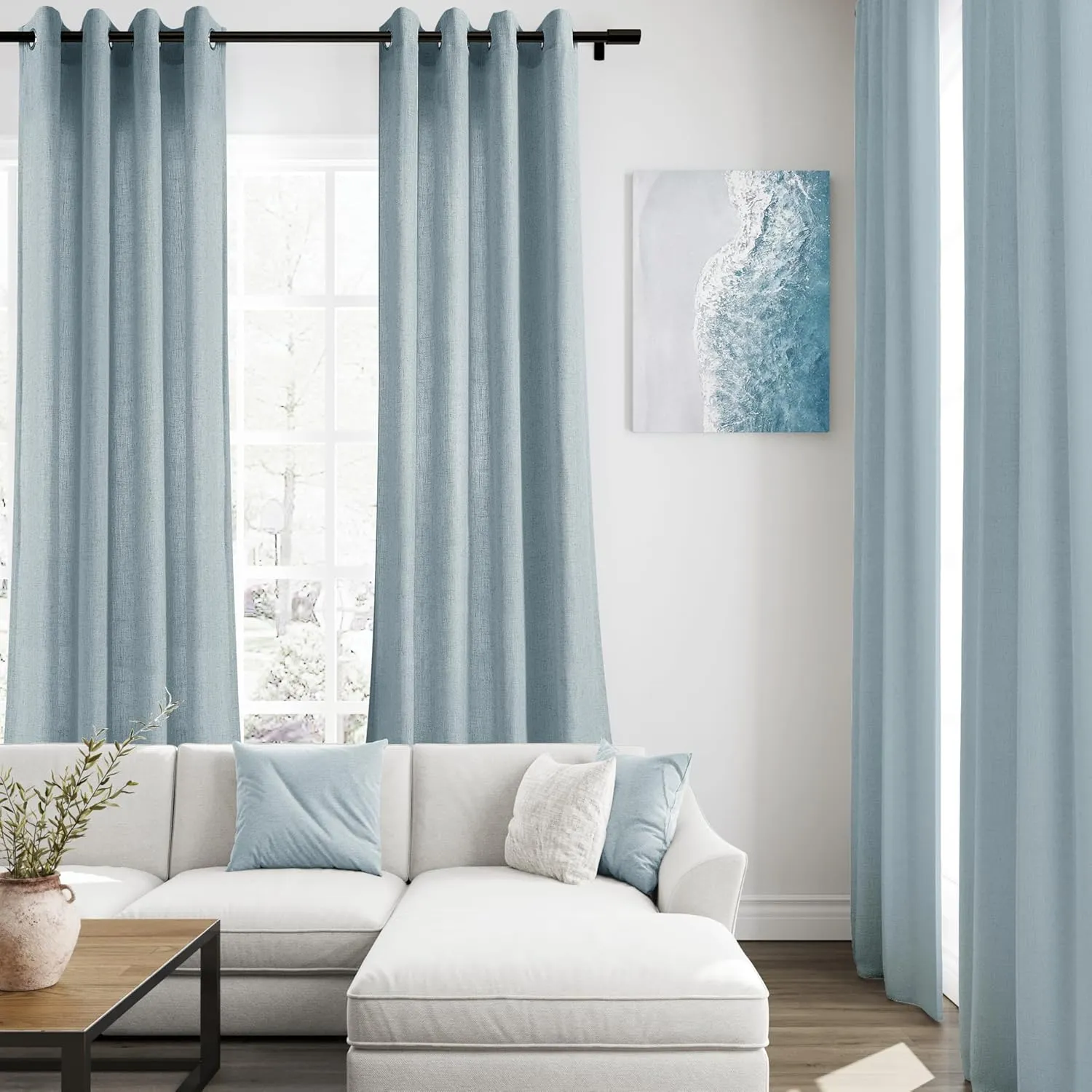 Blue Linen Curtains 84 Inch Length 2 Panels for Living Room Bedroom, Light Filtering Sheer Curtains 84 Inches, Elegant Modern Grommet Semi Sheer Soft Privacy Drapes