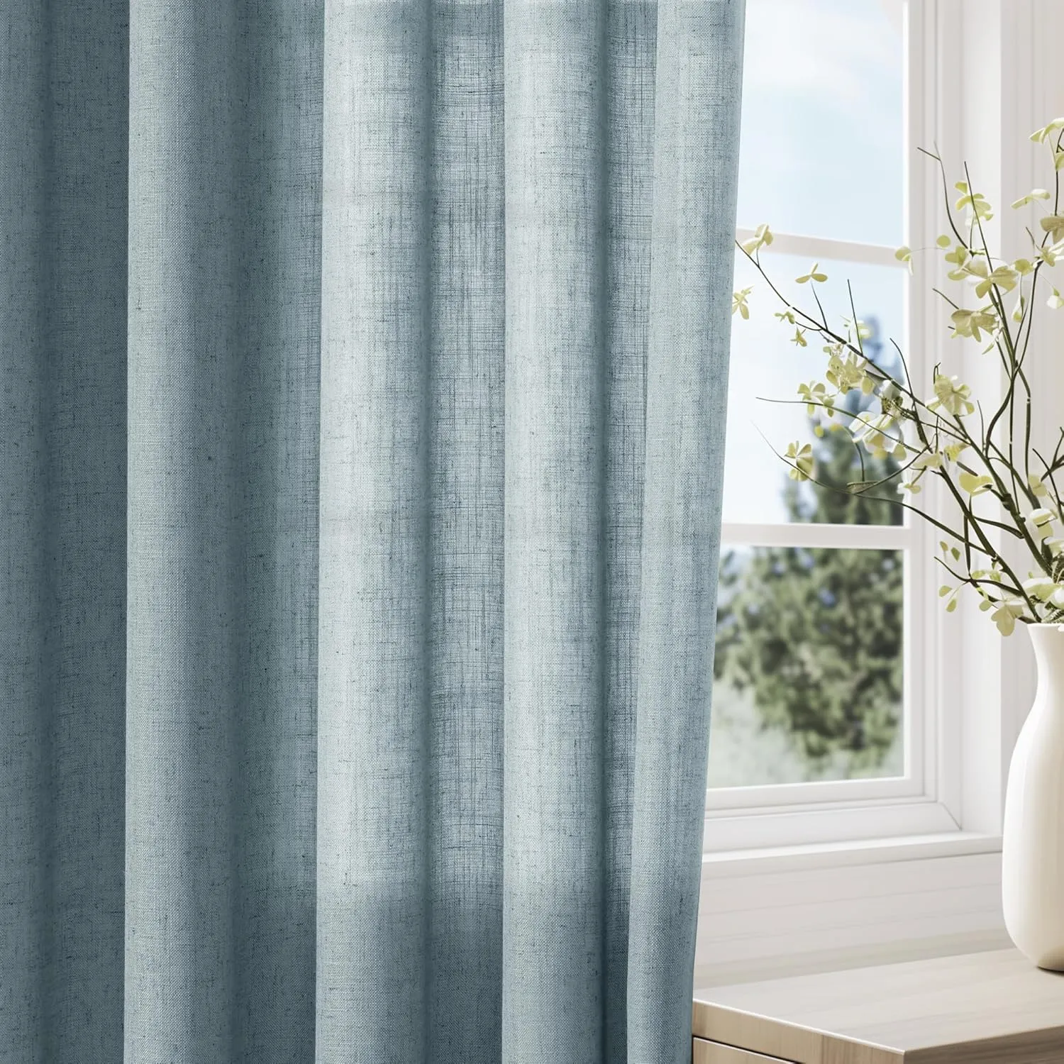 Blue Linen Curtains 84 Inch Length 2 Panels for Living Room Bedroom, Light Filtering Sheer Curtains 84 Inches, Elegant Modern Grommet Semi Sheer Soft Privacy Drapes
