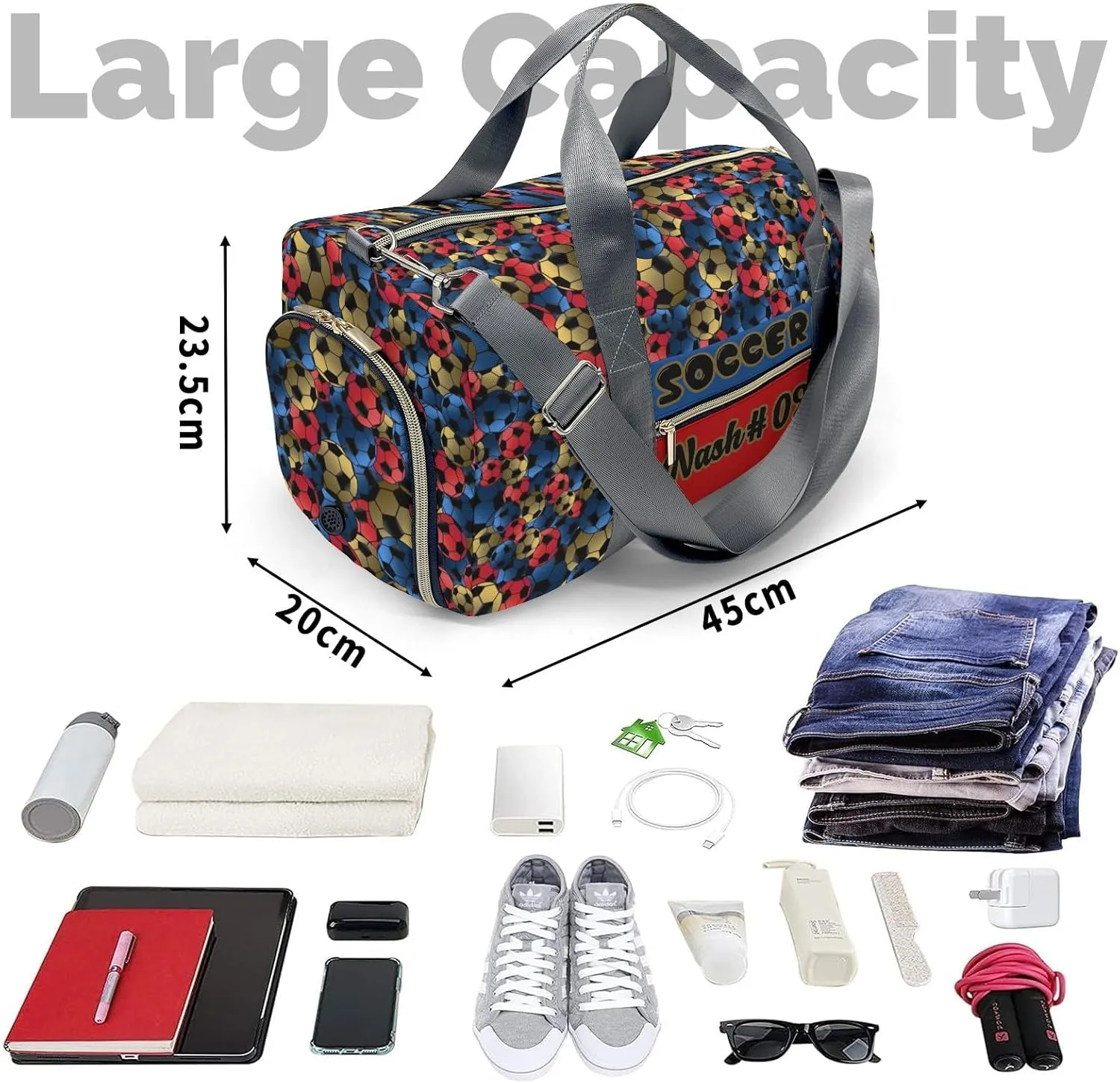 Blue Red Gold Soccer Customized Duffel Bags Weekender Overnight Bag Travel Bag Personalized Gift Gym Bags School Bag