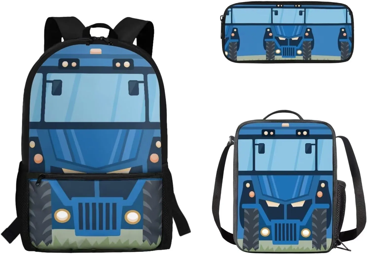 Blue School Bus 3 in 1 School Backpack Set with Side Bottle Mesh Pockets Portable Large Capacity Pencil Case Insulated Lunchbox Fashion School Bag Book Organizer for Girls Boys 6-12