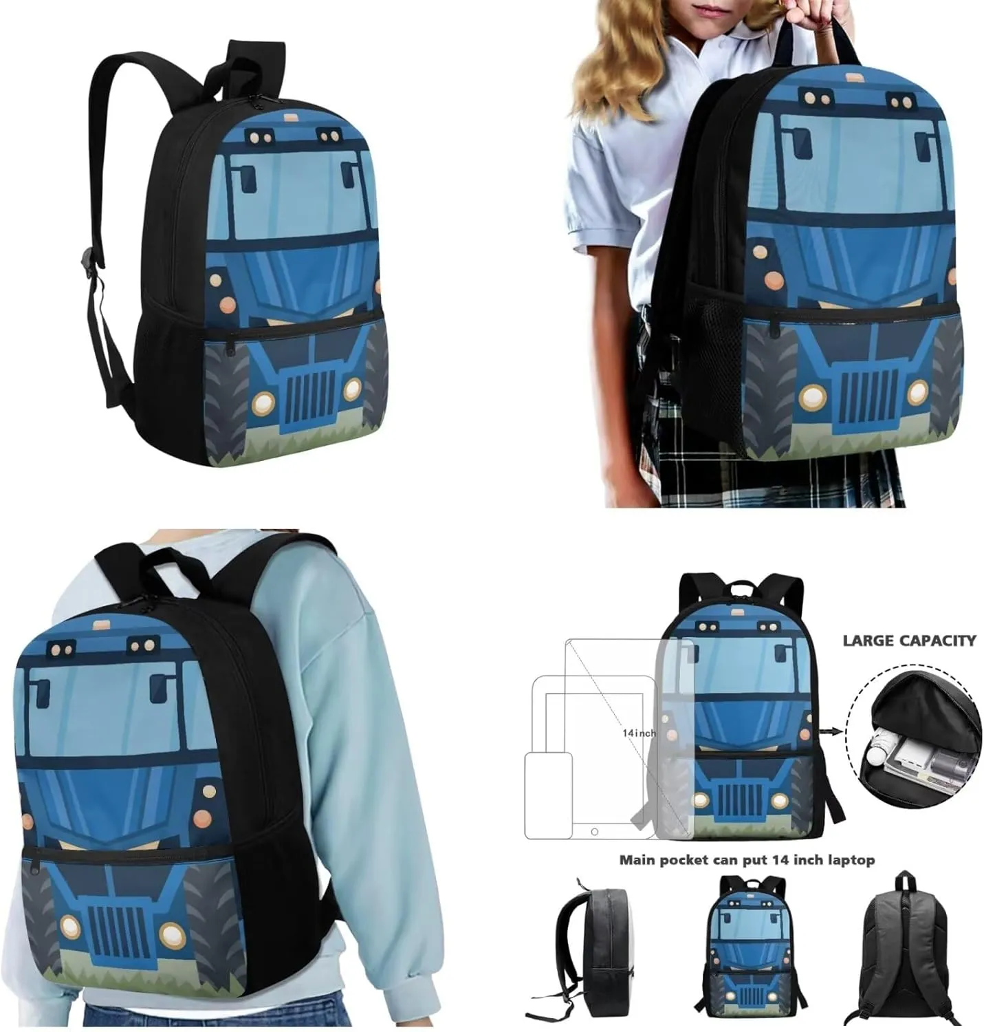 Blue School Bus 3 in 1 School Backpack Set with Side Bottle Mesh Pockets Portable Large Capacity Pencil Case Insulated Lunchbox Fashion School Bag Book Organizer for Girls Boys 6-12