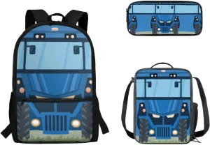 Blue School Bus 3 in 1 School Backpack Set with Side Bottle Mesh Pockets Portable Large Capacity Pencil Case Insulated Lunchbox Fashion School Bag Book Organizer for Girls Boys 6-12