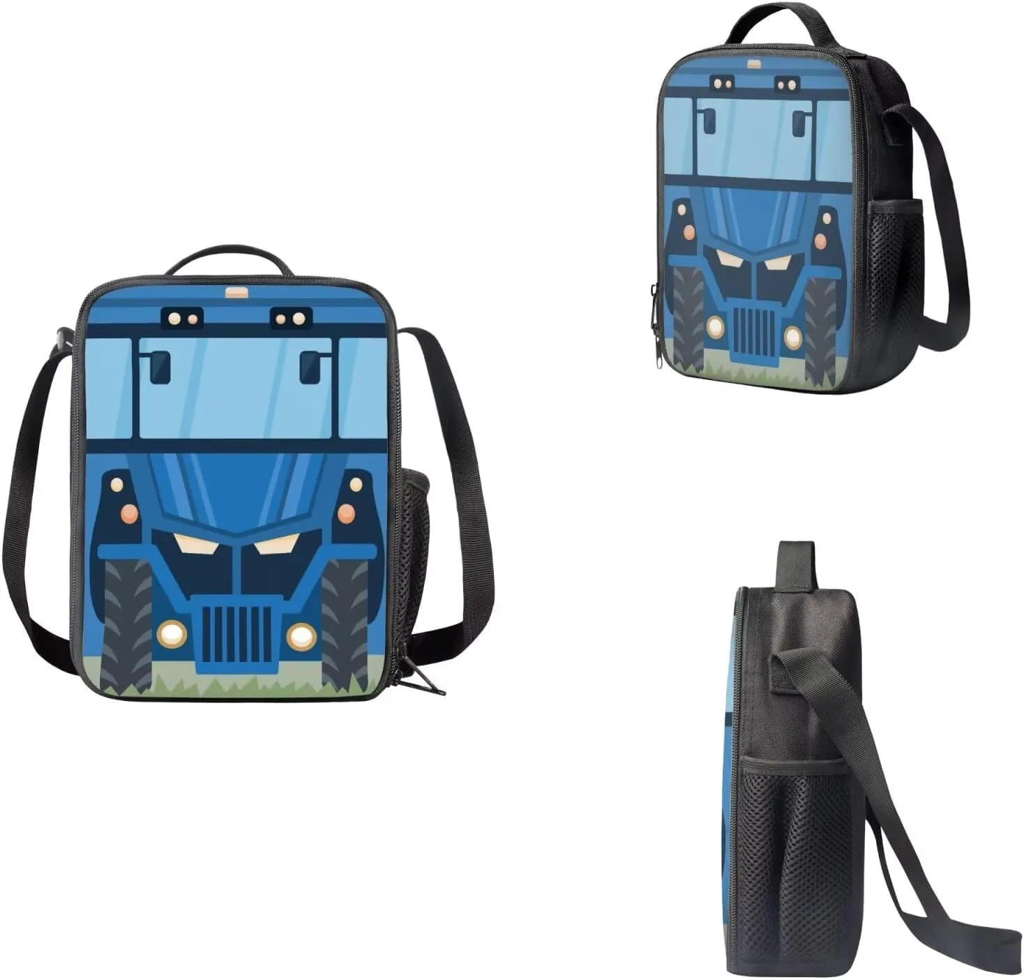 Blue School Bus 3 in 1 School Backpack Set with Side Bottle Mesh Pockets Portable Large Capacity Pencil Case Insulated Lunchbox Fashion School Bag Book Organizer for Girls Boys 6-12