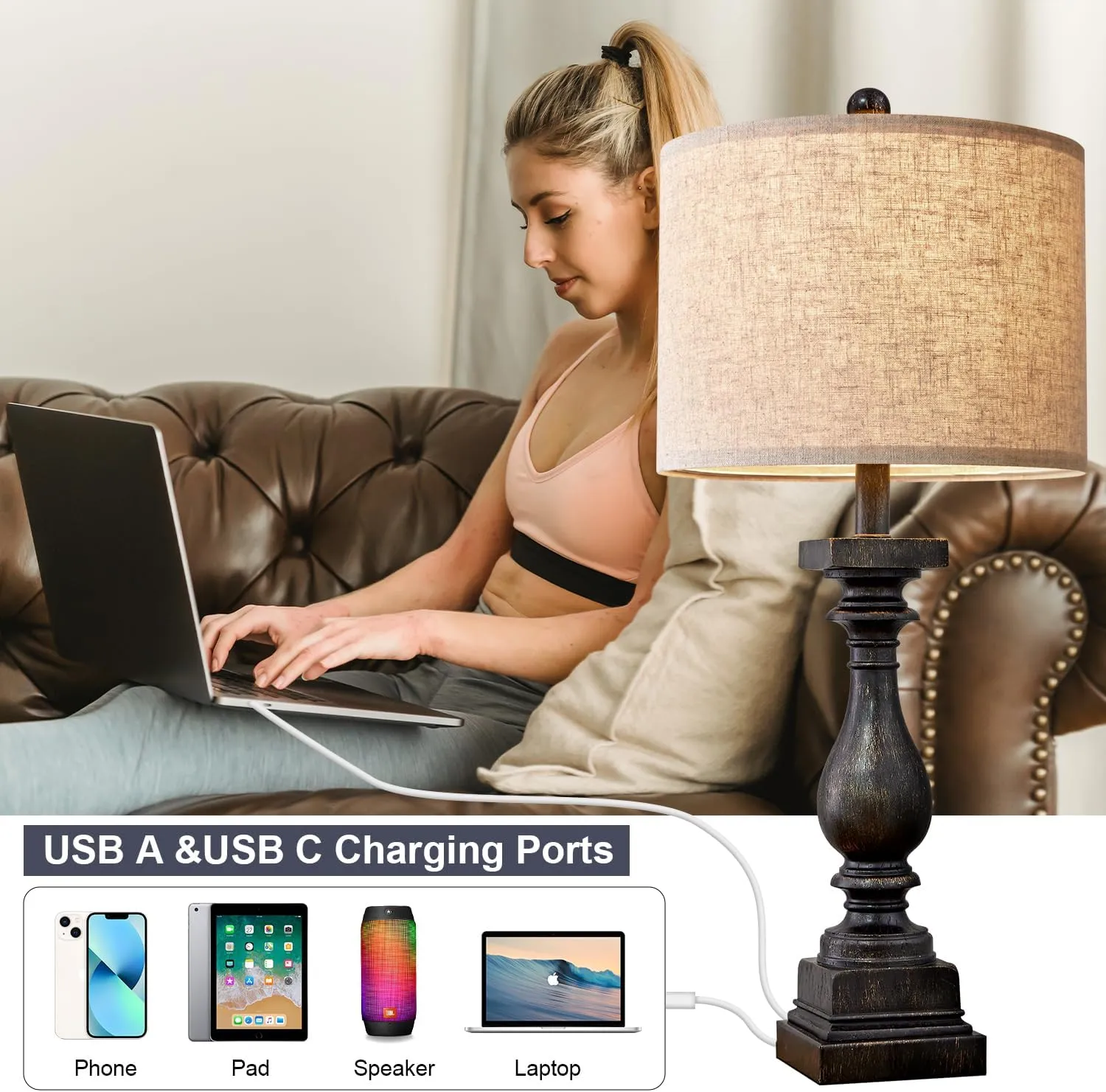 BOBOMOMO 27" Farmhouse Table Lamp Set of 2 with USB A C for Bedroom Living Room Vintage Rustic Traditional Nightstand Bedside Lamps Retro Side Table Lamps (Black)