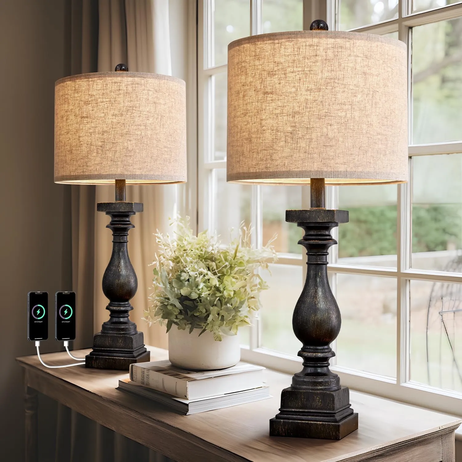 BOBOMOMO 27" Farmhouse Table Lamp Set of 2 with USB A C for Bedroom Living Room Vintage Rustic Traditional Nightstand Bedside Lamps Retro Side Table Lamps (Black)