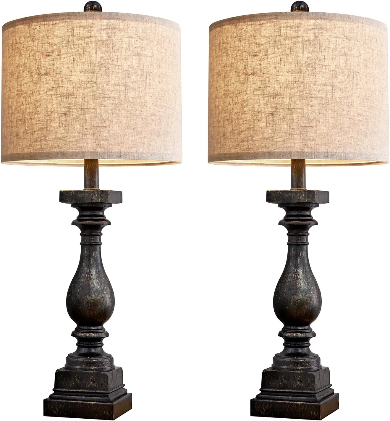BOBOMOMO 27" Farmhouse Table Lamp Set of 2 with USB A C for Bedroom Living Room Vintage Rustic Traditional Nightstand Bedside Lamps Retro Side Table Lamps (Black)