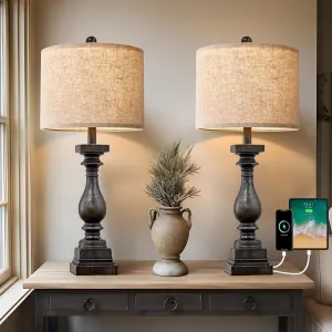 BOBOMOMO 27" Farmhouse Table Lamp Set of 2 with USB A C for Bedroom Living Room Vintage Rustic Traditional Nightstand Bedside Lamps Retro Side Table Lamps (Black)