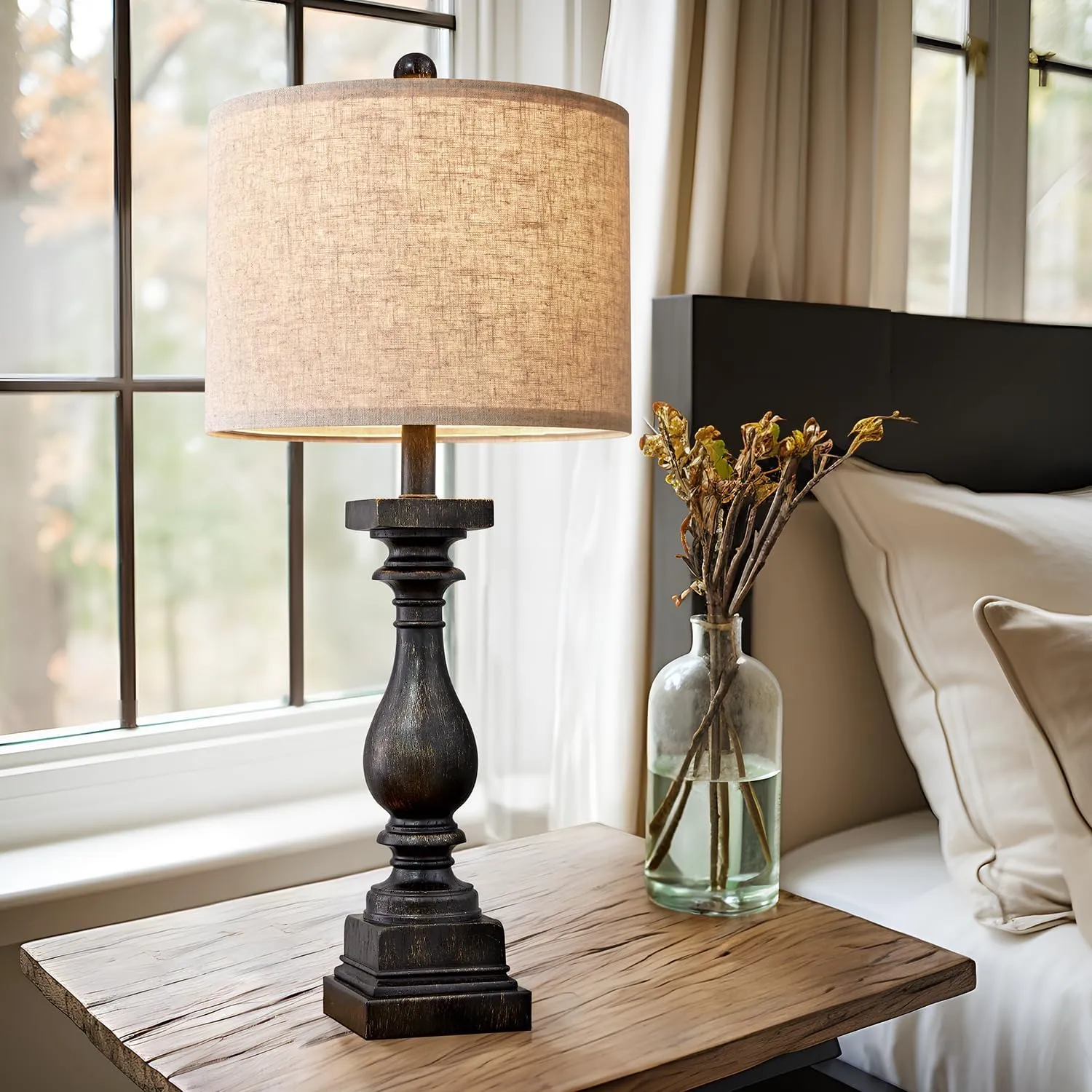 BOBOMOMO 27" Farmhouse Table Lamp Set of 2 with USB A C for Bedroom Living Room Vintage Rustic Traditional Nightstand Bedside Lamps Retro Side Table Lamps (Black)