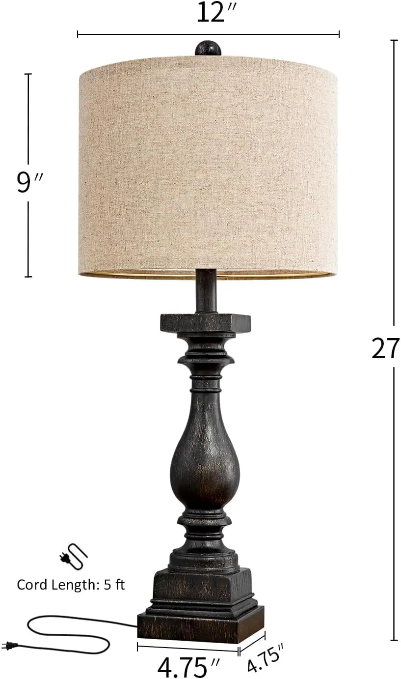 BOBOMOMO 27" Farmhouse Table Lamp Set of 2 with USB A C for Bedroom Living Room Vintage Rustic Traditional Nightstand Bedside Lamps Retro Side Table Lamps (Black)