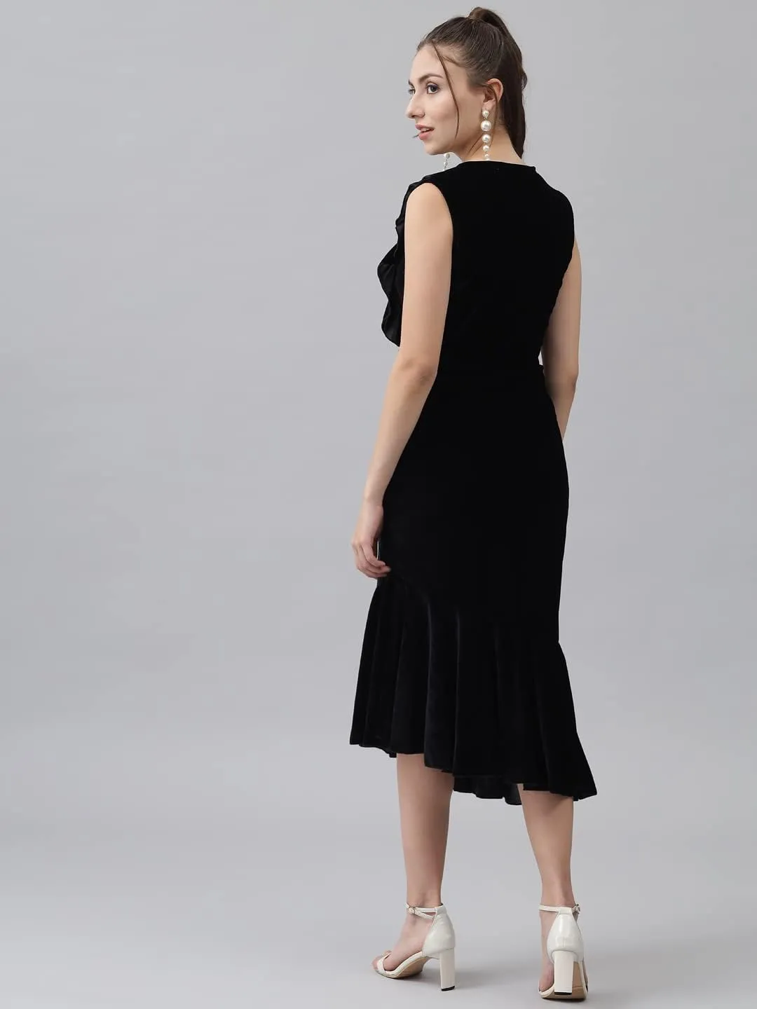 Bodycon Party Dress for Women Sleeveless | Shiny Velvet Fabric Fish Cut Ruffle Bottom Detailing Stylish Casual Outfit