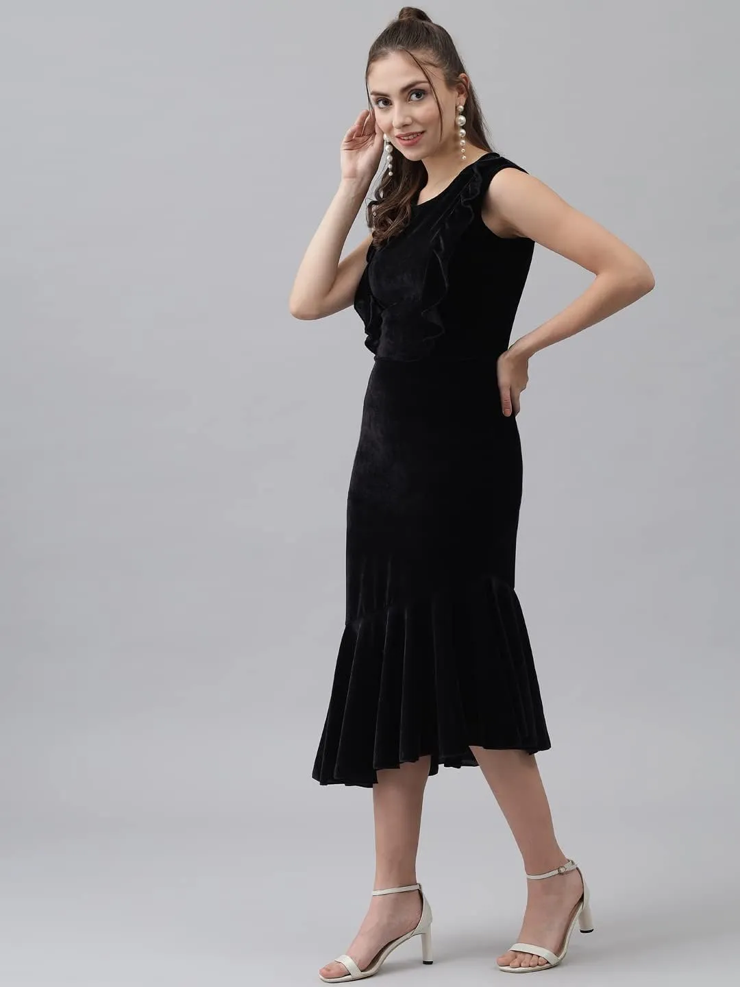 Bodycon Party Dress for Women Sleeveless | Shiny Velvet Fabric Fish Cut Ruffle Bottom Detailing Stylish Casual Outfit