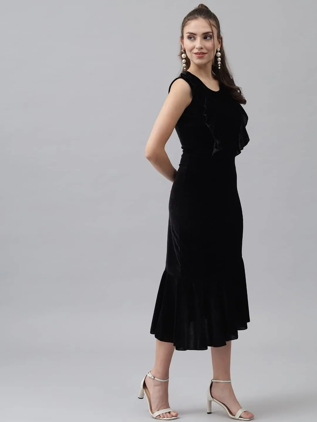 Bodycon Party Dress for Women Sleeveless | Shiny Velvet Fabric Fish Cut Ruffle Bottom Detailing Stylish Casual Outfit