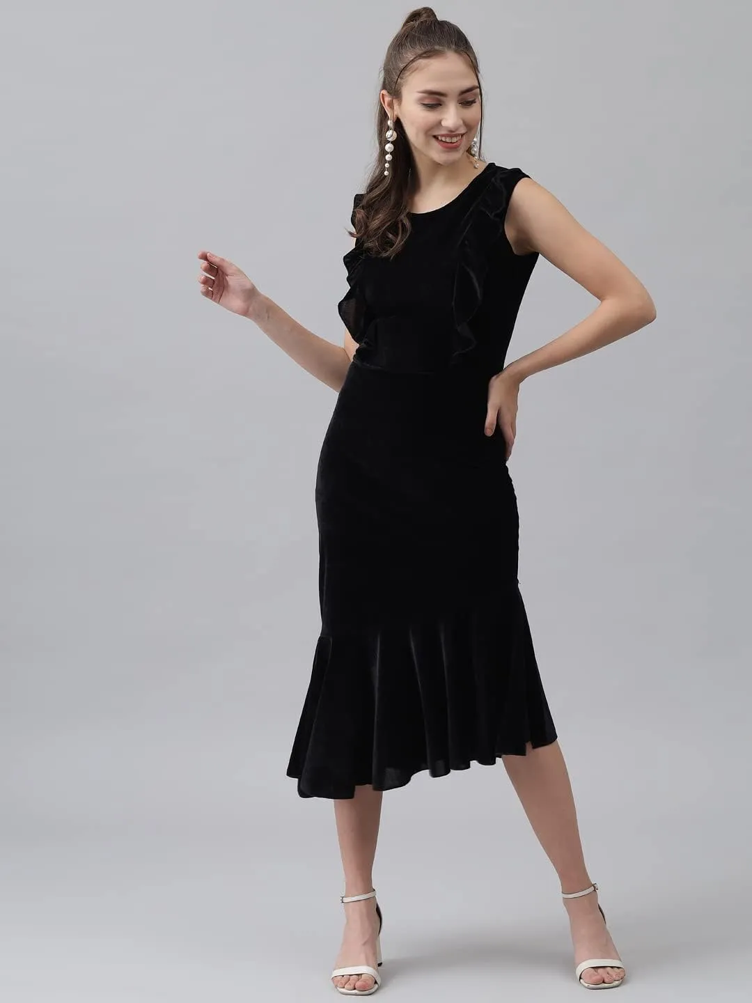 Bodycon Party Dress for Women Sleeveless | Shiny Velvet Fabric Fish Cut Ruffle Bottom Detailing Stylish Casual Outfit