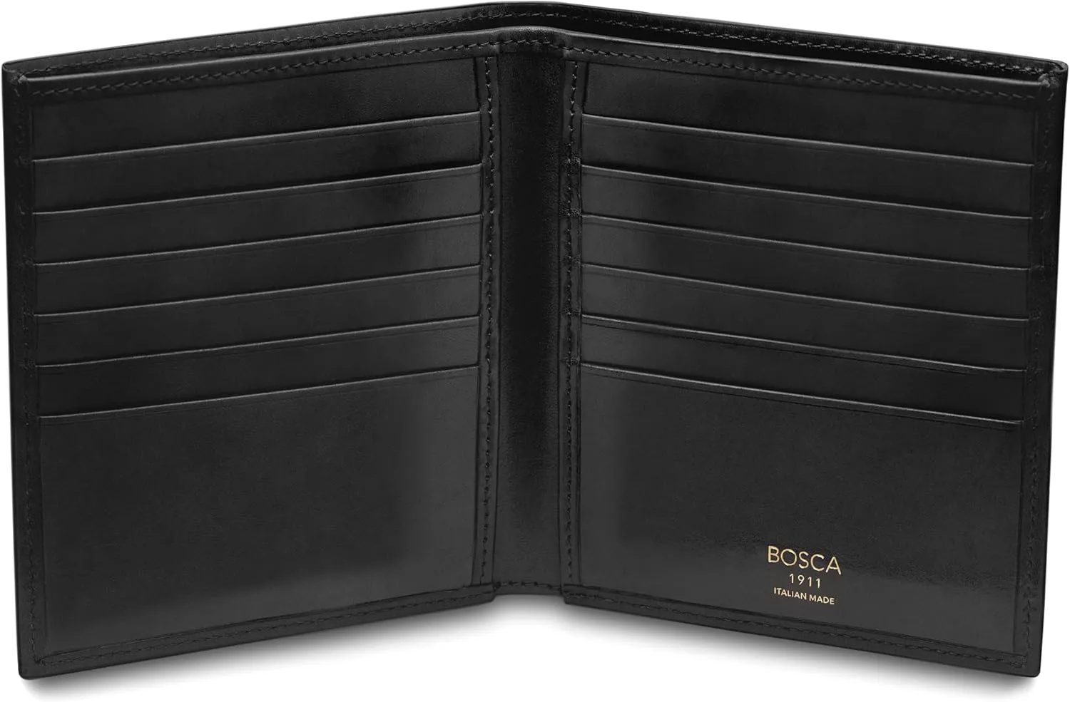 Bosca Men’s Wallet In Old Leather – 12 Pockets Bi-Fold Credit Holder Hand-Stained Full Grain Leather, RFID Blocking Black