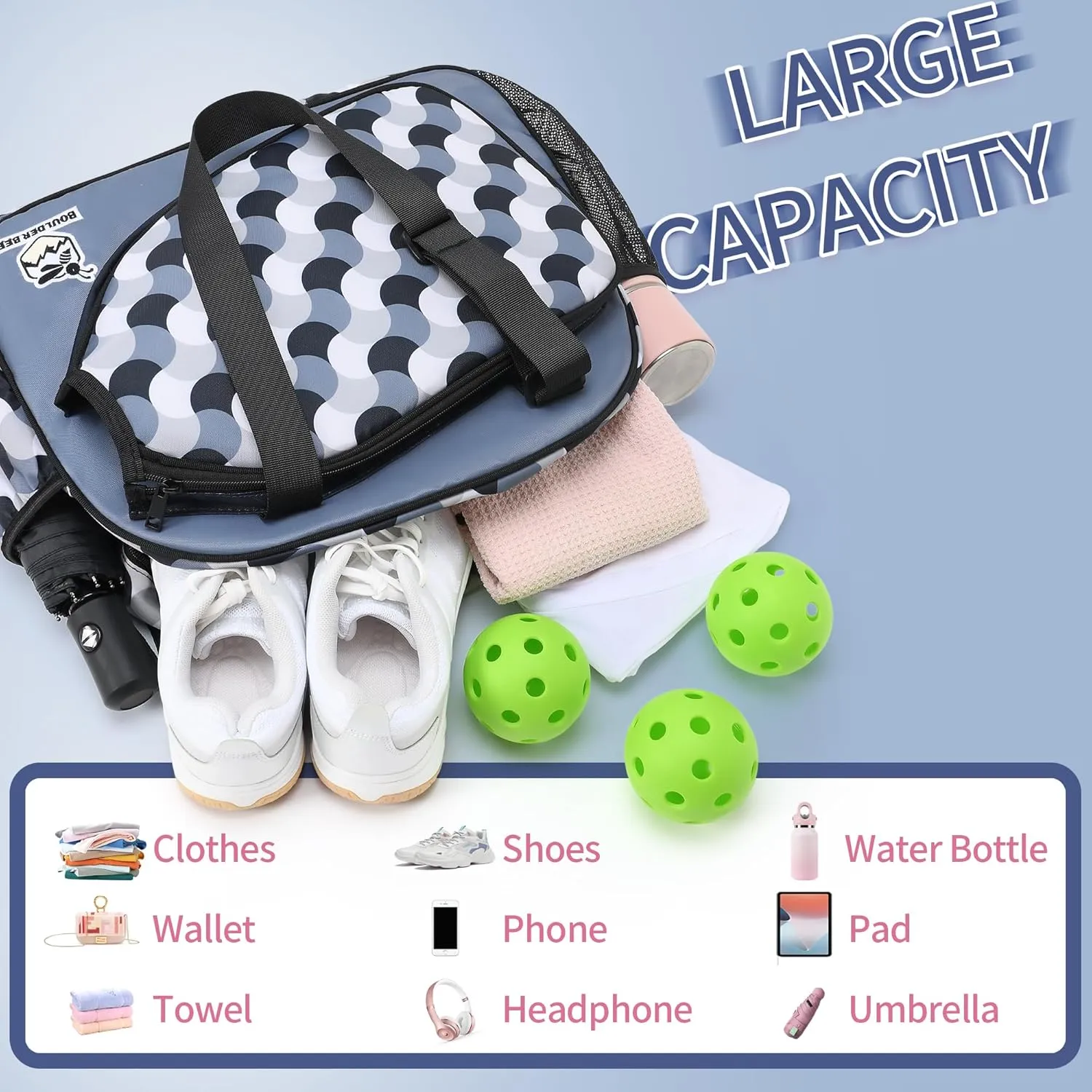 Boulder Bee Pickleball Bags, Premium Pickleball Tote Bag for Girls, Women’s Hand/Shoulder Gym Bag w Water Bottle Holder, with Pickleball Racquet/Paddle Holder