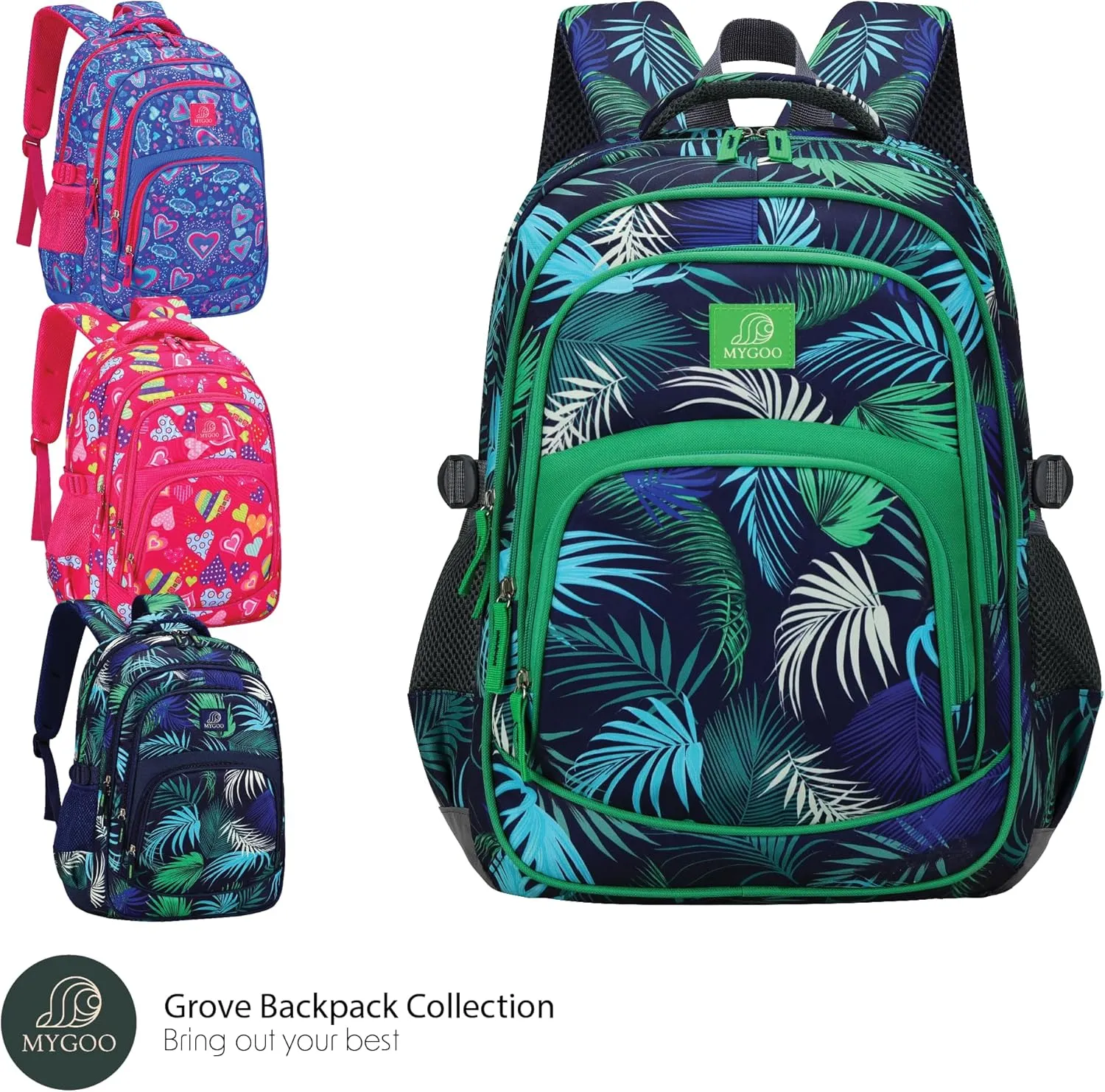 Boys Backpack - 17" Tall, Tropical Design, Durable School Bag for Kids and Teens, Grove Collection, Foliage Green