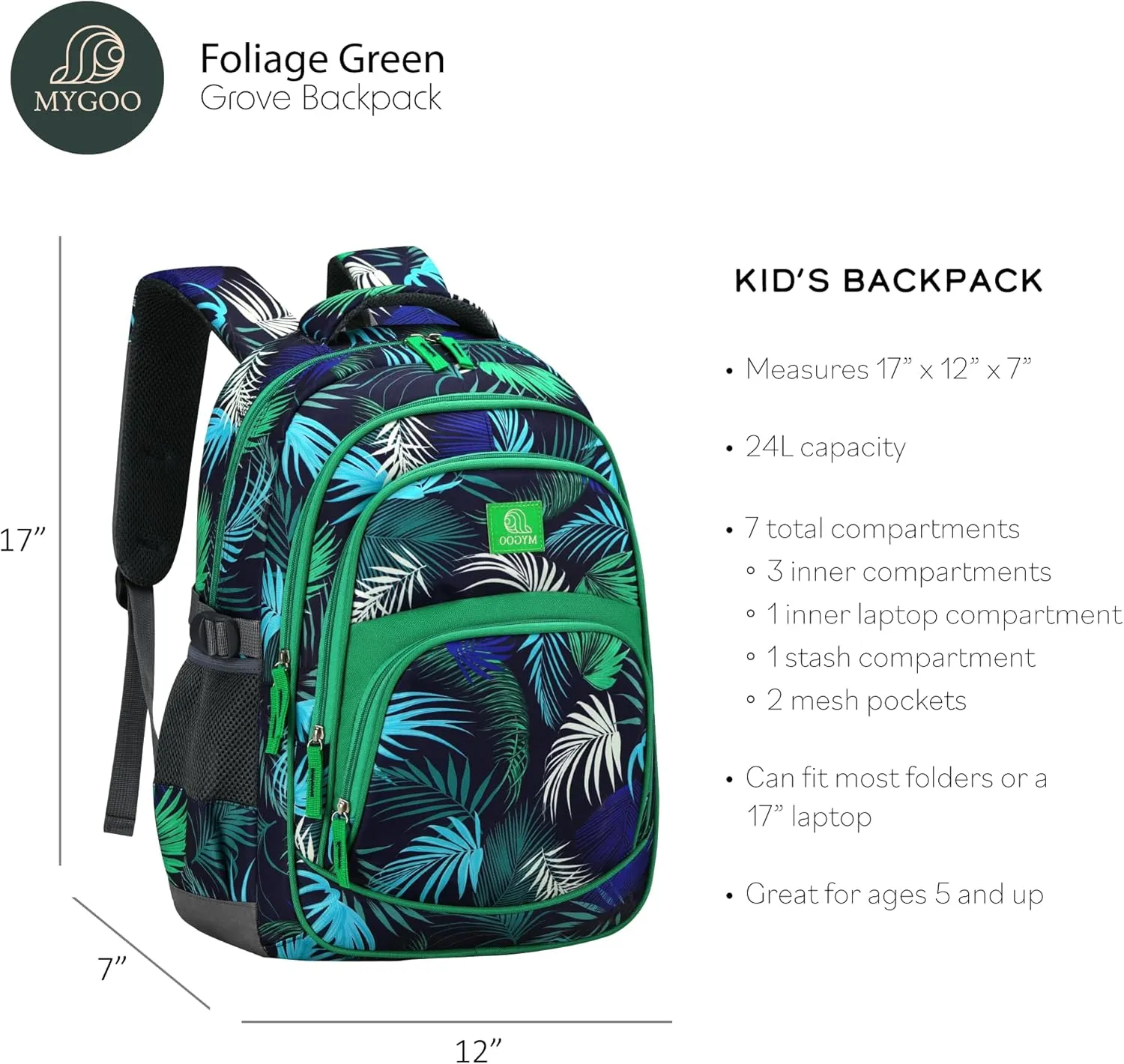 Boys Backpack - 17" Tall, Tropical Design, Durable School Bag for Kids and Teens, Grove Collection, Foliage Green