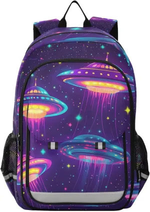 Boys Girls School Bag Ufo Spacecraft Outerspace Large Capacity Travel Backpack with Chest Strap