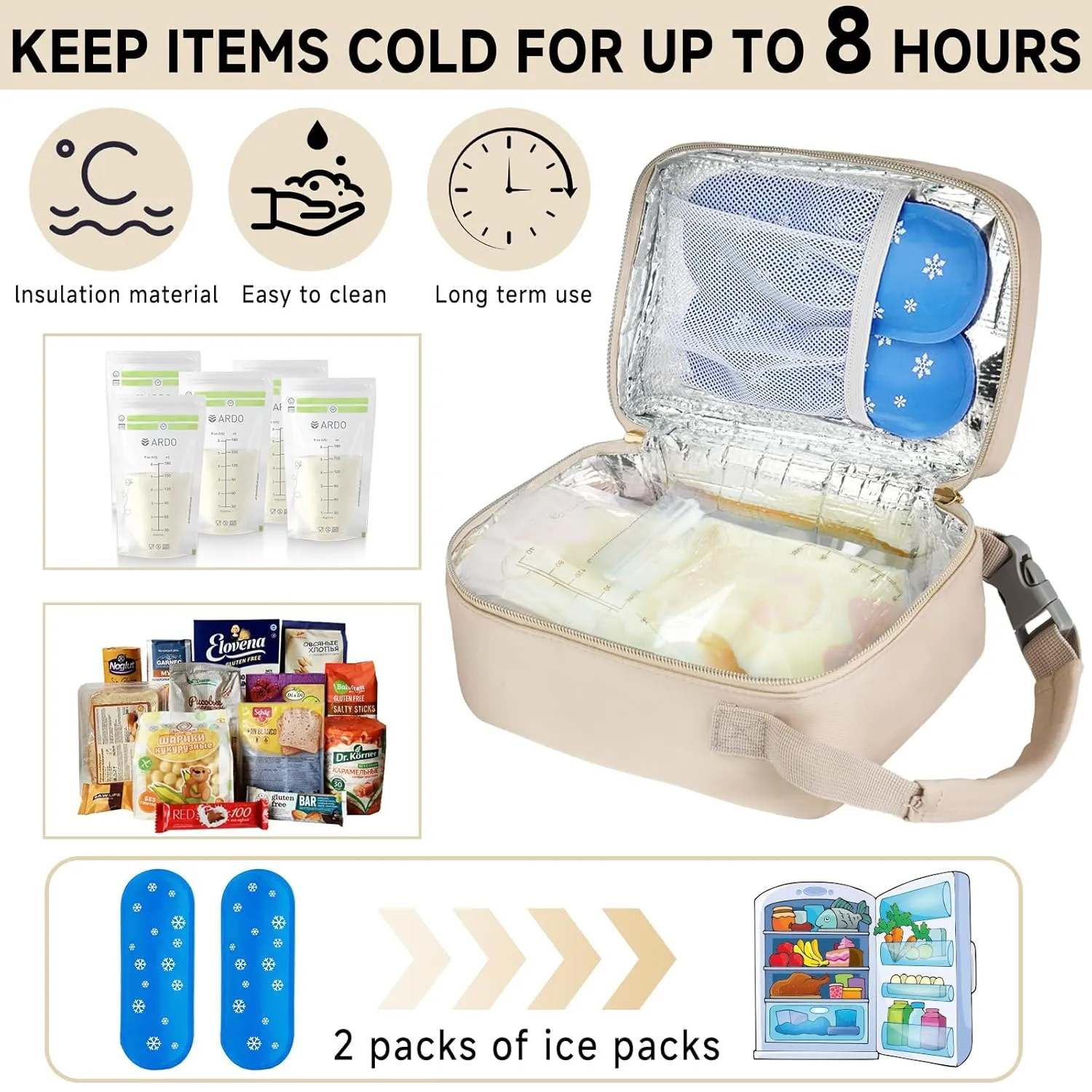 Breastmilk Cooler Travel Bag with Ice Pack,Portable Breastmilk Cooler Bag with Buckle Handle,Insulated Breastmilk Storage Bag Cooler,Apricot
