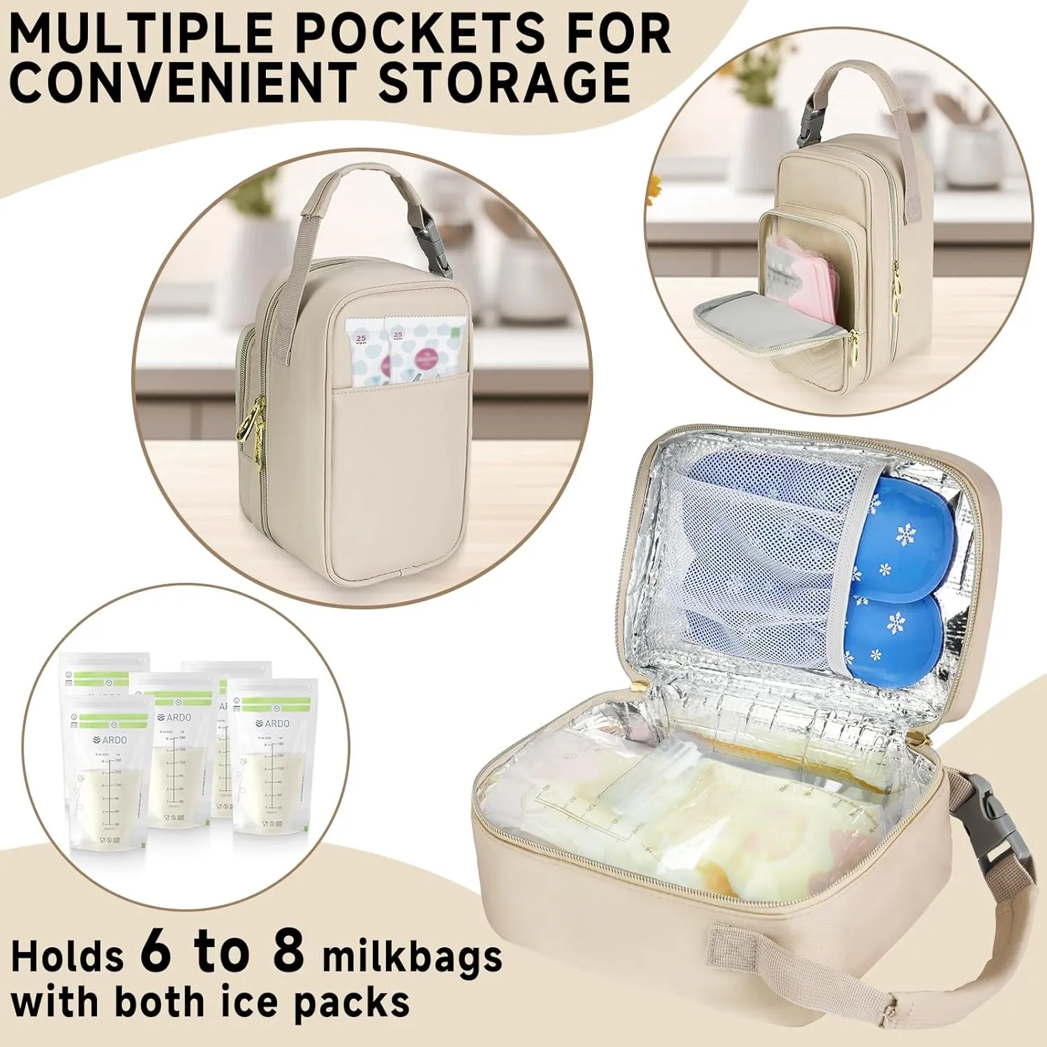 Breastmilk Cooler Travel Bag with Ice Pack,Portable Breastmilk Cooler Bag with Buckle Handle,Insulated Breastmilk Storage Bag Cooler,Apricot
