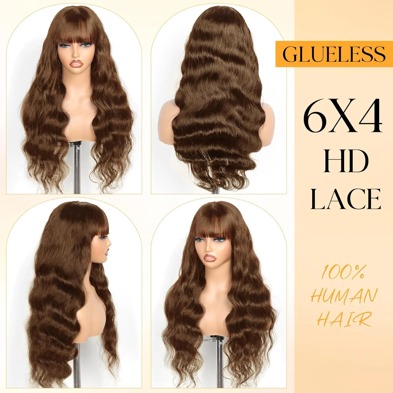 Brown 4# Body Wave Wig with Bangs Human Hair 6x4 HD Lace Front Closure Wigs Human Hair Glueless Ready to Wear and Go Color Colored Wigs Glueless for Black Women 16 Inch