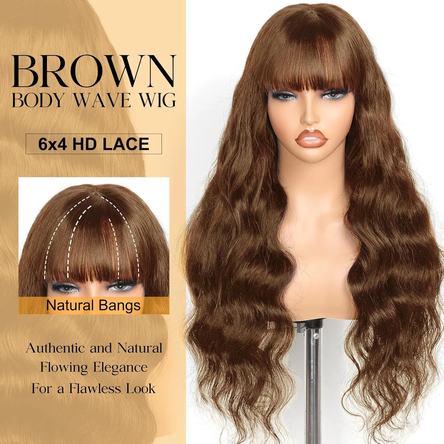 Brown 4# Body Wave Wig with Bangs Human Hair 6x4 HD Lace Front Closure Wigs Human Hair Glueless Ready to Wear and Go Color Colored Wigs Glueless for Black Women 16 Inch