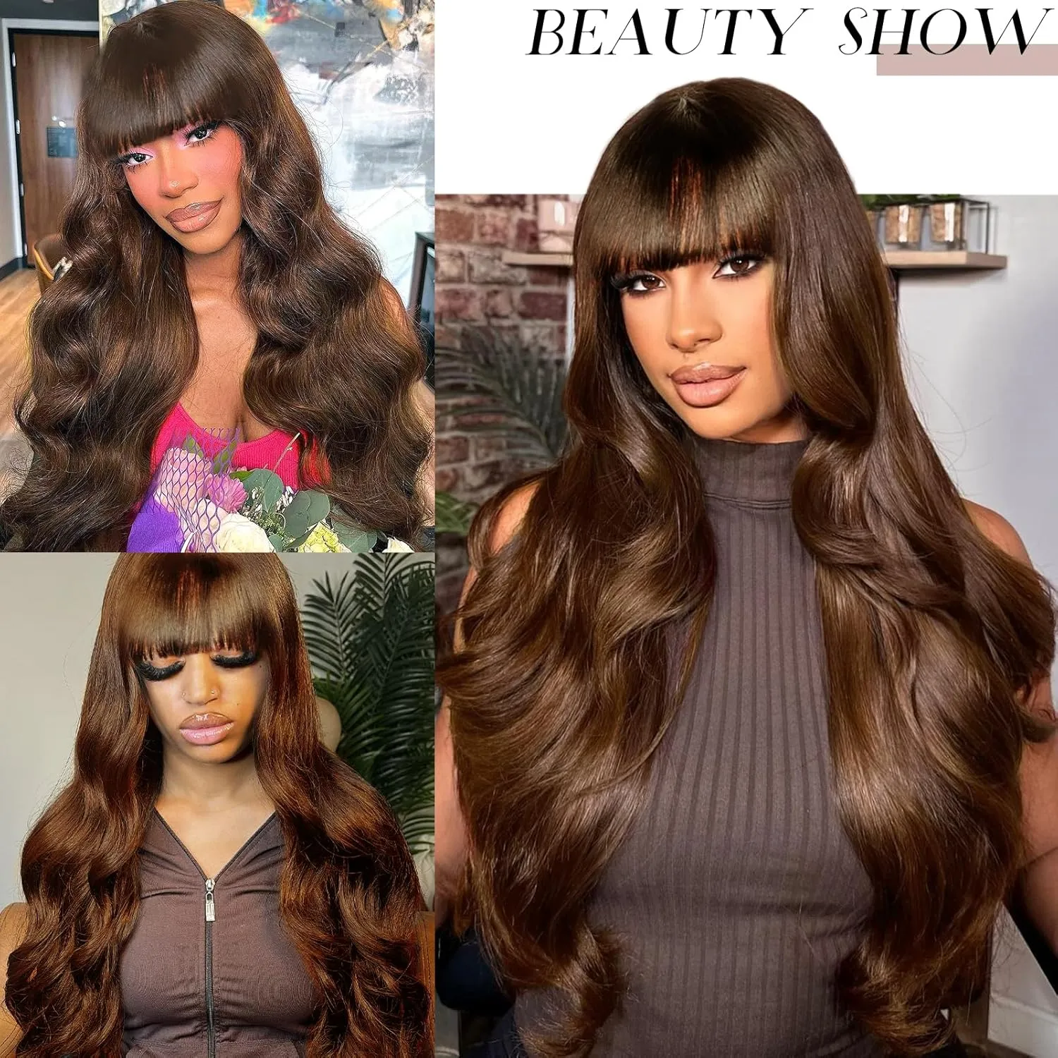 Brown 4# Body Wave Wig with Bangs Human Hair 6x4 HD Lace Front Closure Wigs Human Hair Glueless Ready to Wear and Go Color Colored Wigs Glueless for Black Women 16 Inch
