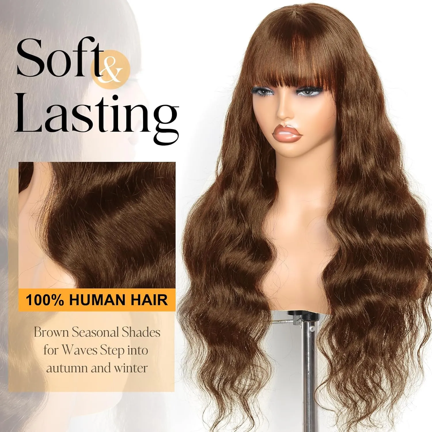 Brown 4# Body Wave Wig with Bangs Human Hair 6x4 HD Lace Front Closure Wigs Human Hair Glueless Ready to Wear and Go Color Colored Wigs Glueless for Black Women 16 Inch