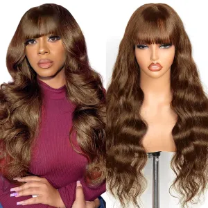 Brown 4# Body Wave Wig with Bangs Human Hair 6x4 HD Lace Front Closure Wigs Human Hair Glueless Ready to Wear and Go Color Colored Wigs Glueless for Black Women 16 Inch