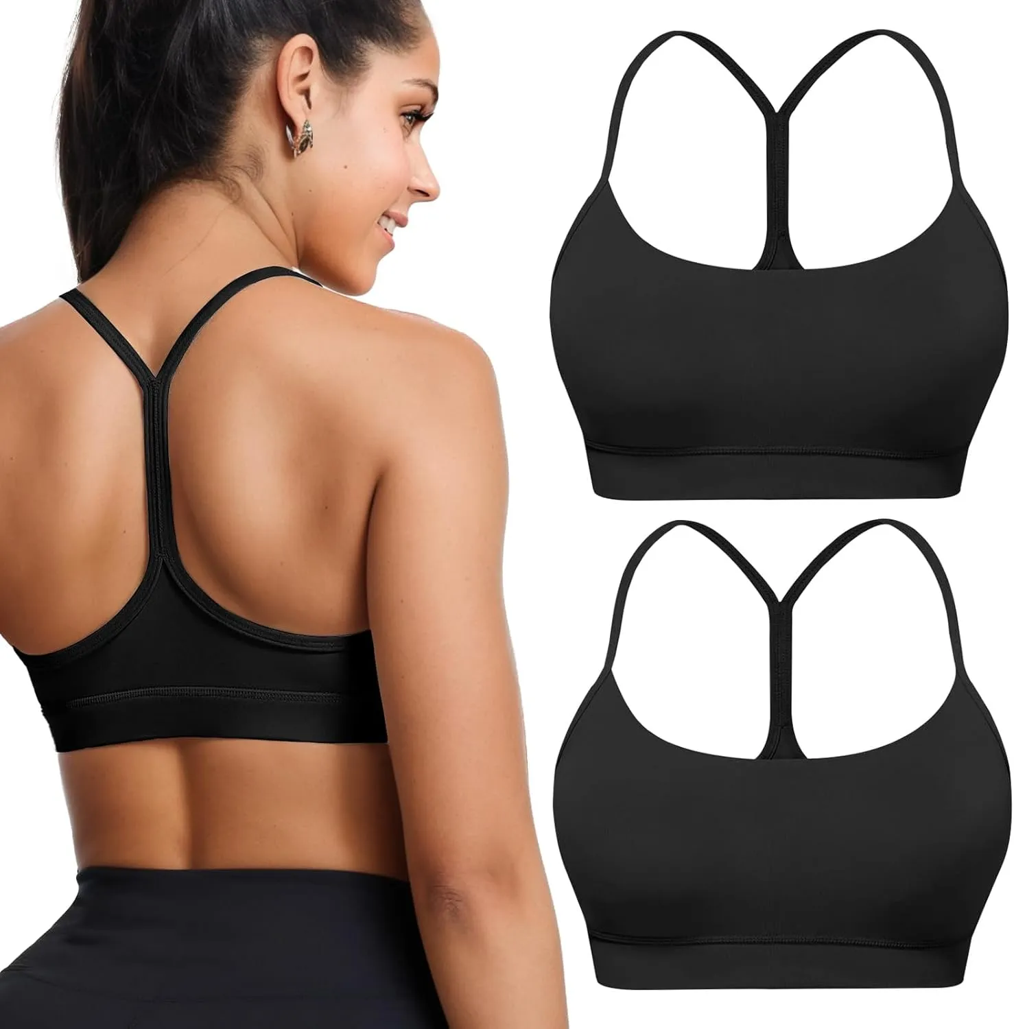 Buauty 2 Packs Y Back Sports Bra for Women, Low Impact Padded Racerback Spaghetti Strap Bras, Womens Workout Yoga Tops
