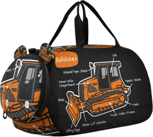 Bulldozer Car Sports Duffle Bag for Girls Boys Kids, Gym Bag with Shoe Compartment, Kids Travel Overnight Weekender Shoulder Bag