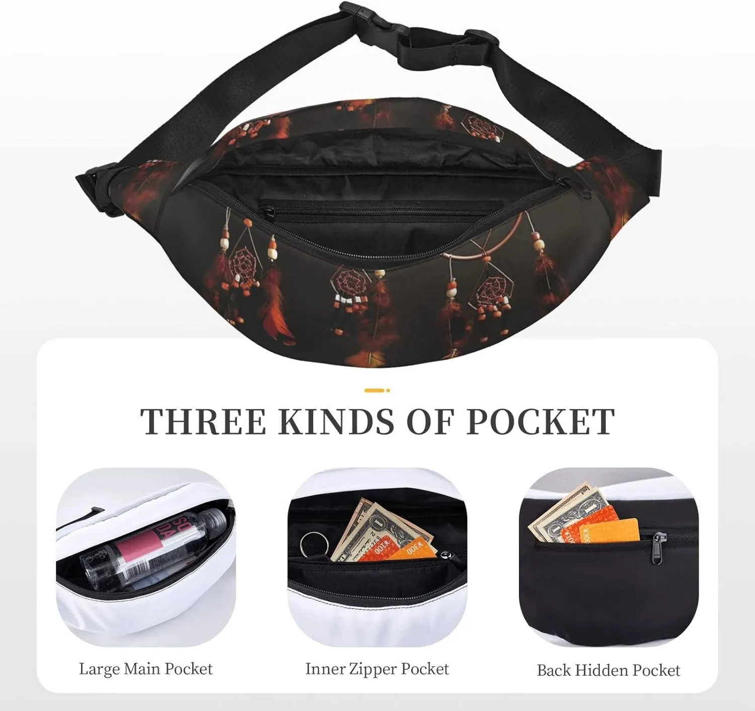 Bumbag Fanny Pack for Women Men Waist Pack Fashion Bum Bag Tiger Pattern Waist Bag for Sport Hiking Travel, Orange Metal Dream Catchers, One Size
