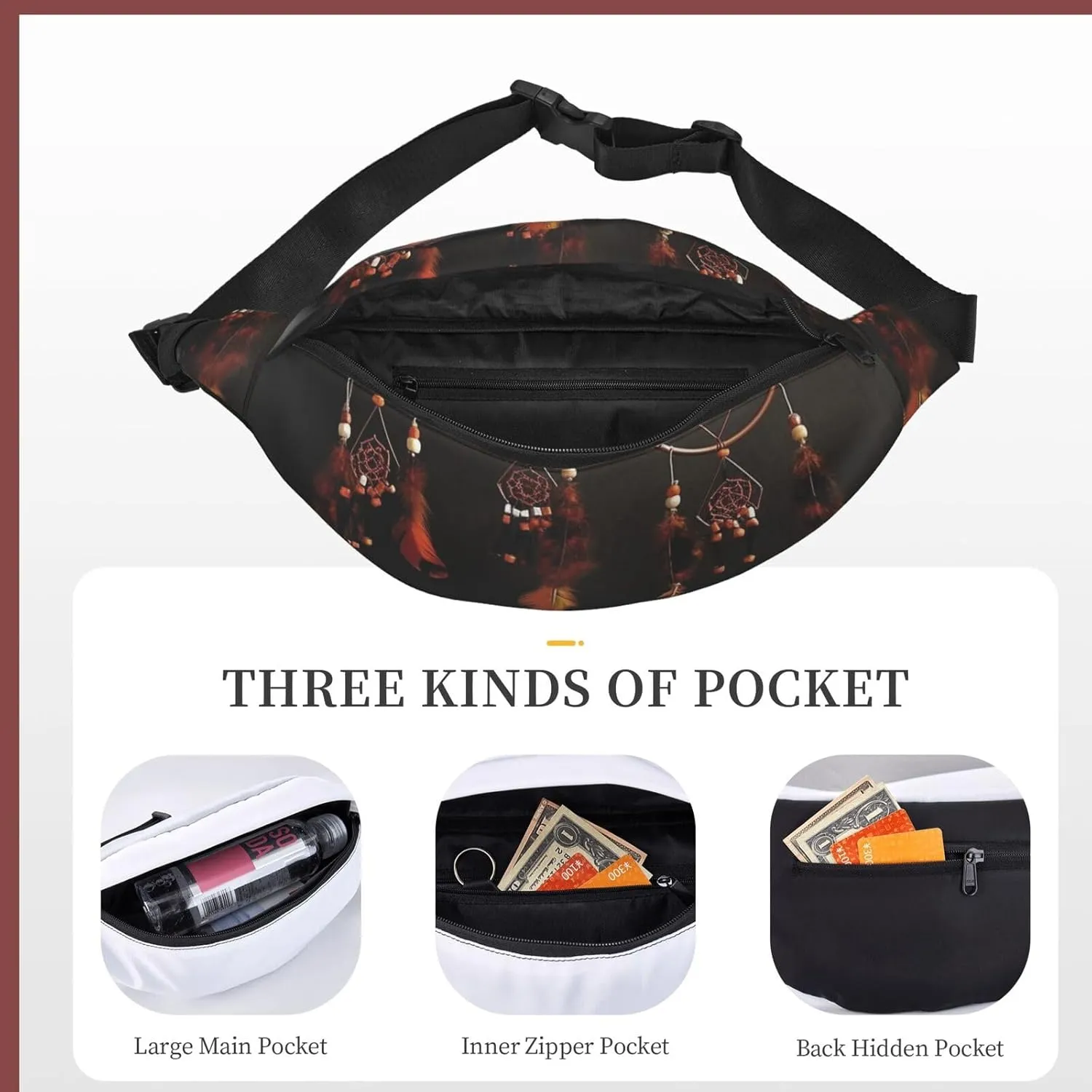 Bumbag Fanny Pack for Women Men Waist Pack Fashion Bum Bag Tiger Pattern Waist Bag for Sport Hiking Travel, Orange Metal Dream Catchers, One Size