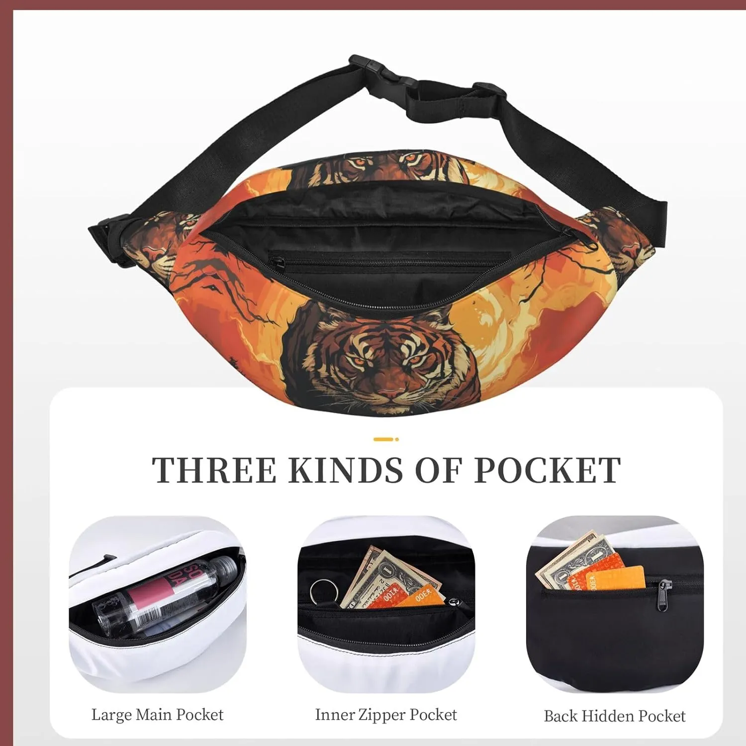 Bumbag Fanny Pack for Women Men Waist Pack Fashion Bum Bag Two Rabbits in Garland Waist Bag for Sport Hiking Travel, Domineering Tiger, One Size