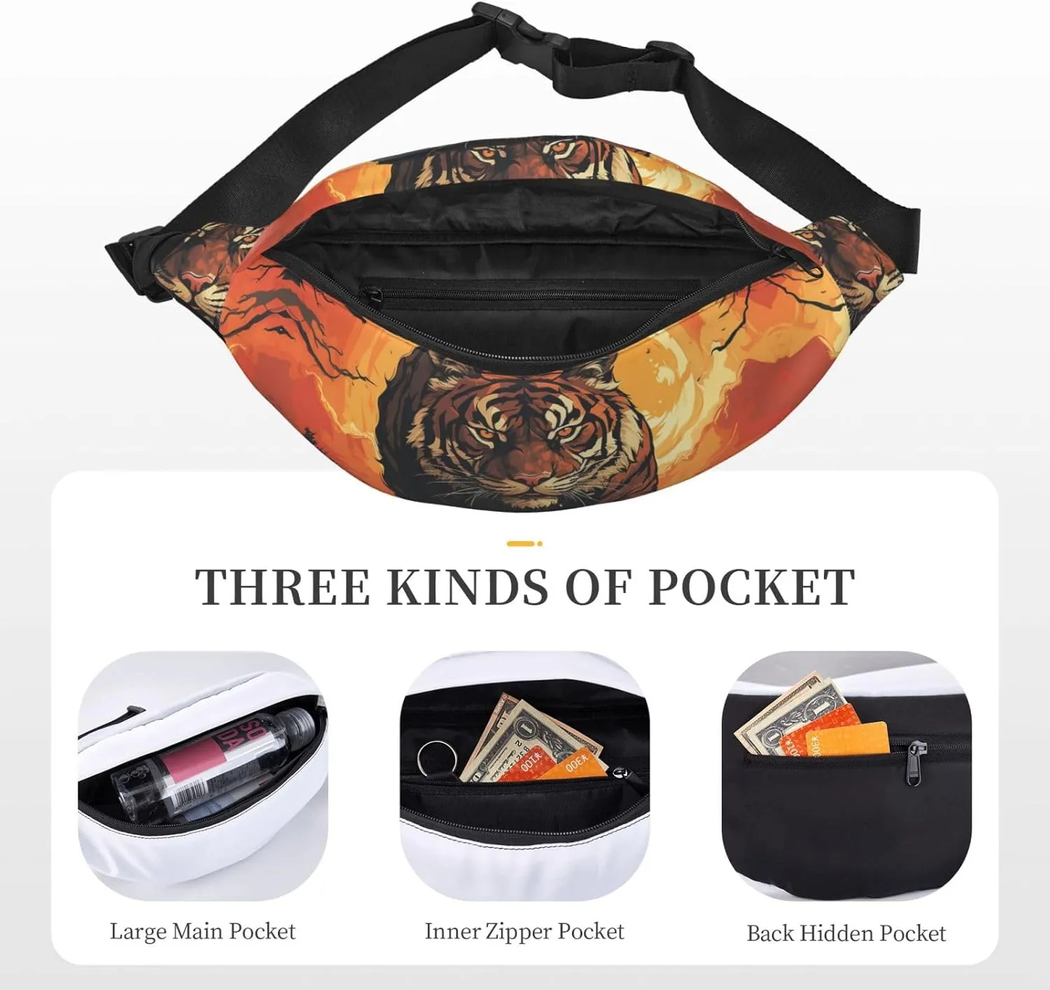 Bumbag Fanny Pack for Women Men Waist Pack Fashion Bum Bag Two Rabbits in Garland Waist Bag for Sport Hiking Travel, Domineering Tiger, One Size