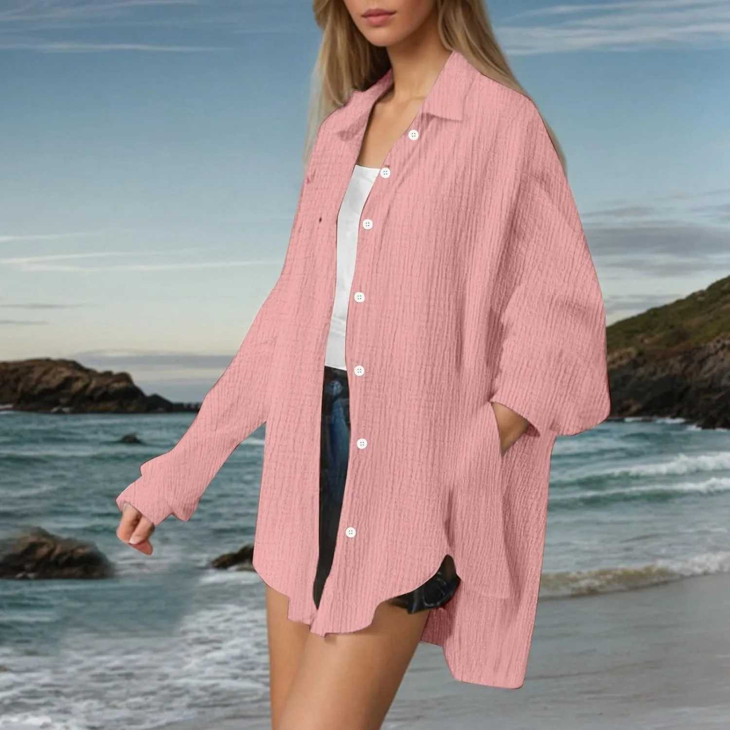 Button Down Shirts for Women Gauze Cotton Long Sleeve Casual Shirts Loose Fit Linen Blouse Summer Beach Wear