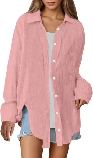 Button Down Shirts for Women Gauze Cotton Long Sleeve Casual Shirts Loose Fit Linen Blouse Summer Beach Wear