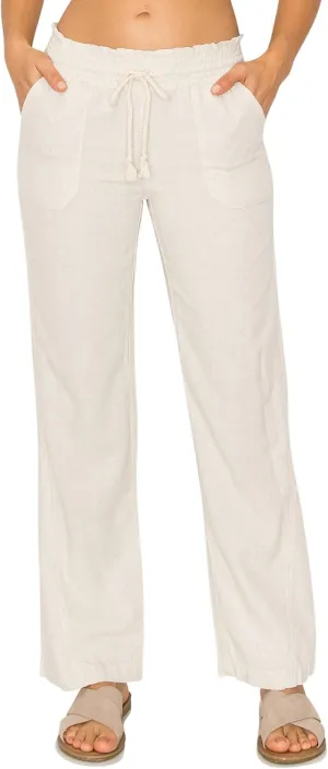 Cali1850 Women's Casual Linen Pants - 29", 32" Oceanside Drawstring Smocked Waist Beach Lounge Trousers with Pockets