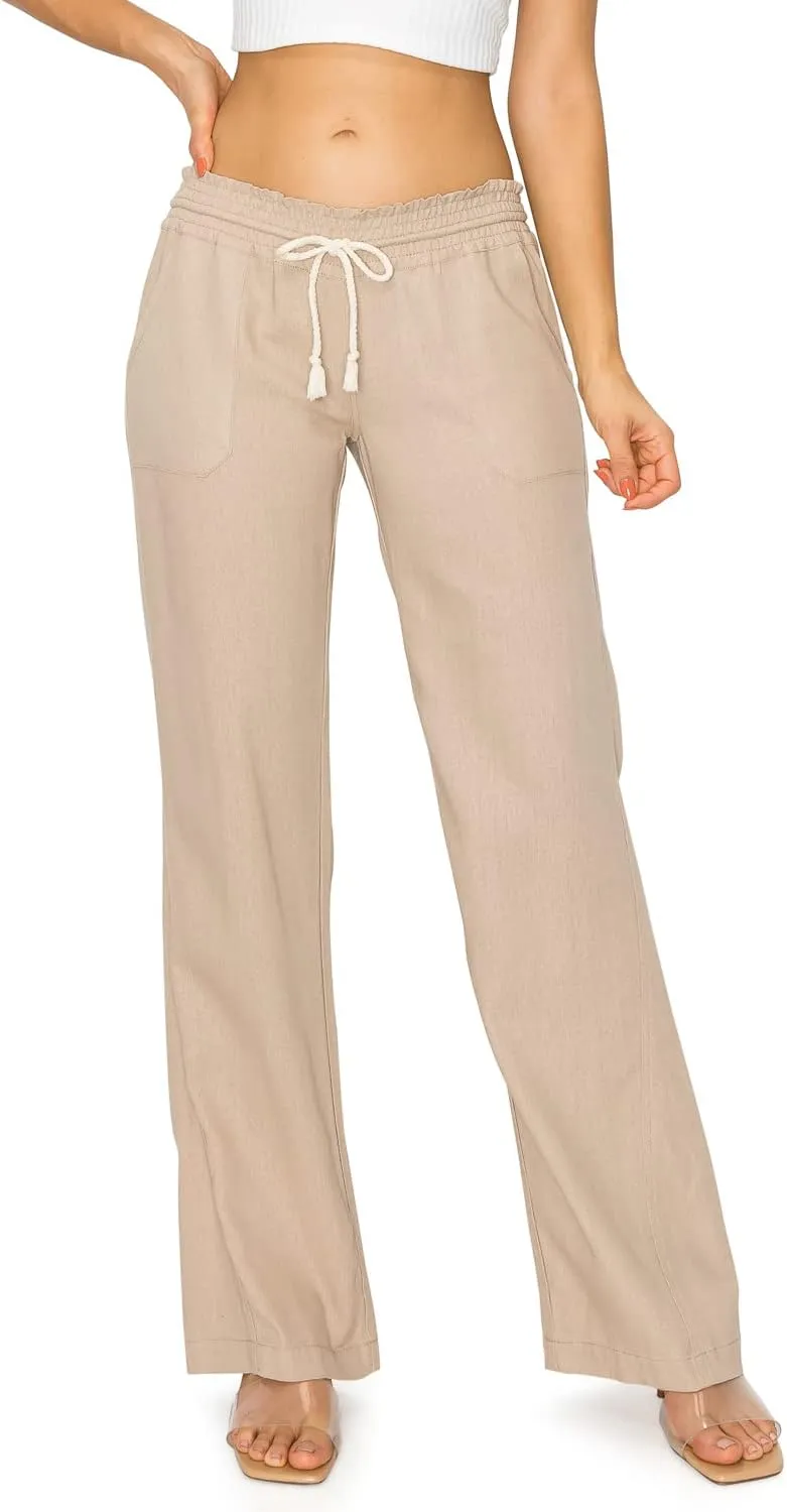 Cali1850 Women's Casual Linen Pants - 29", 32" Oceanside Drawstring Smocked Waist Beach Lounge Trousers with Pockets