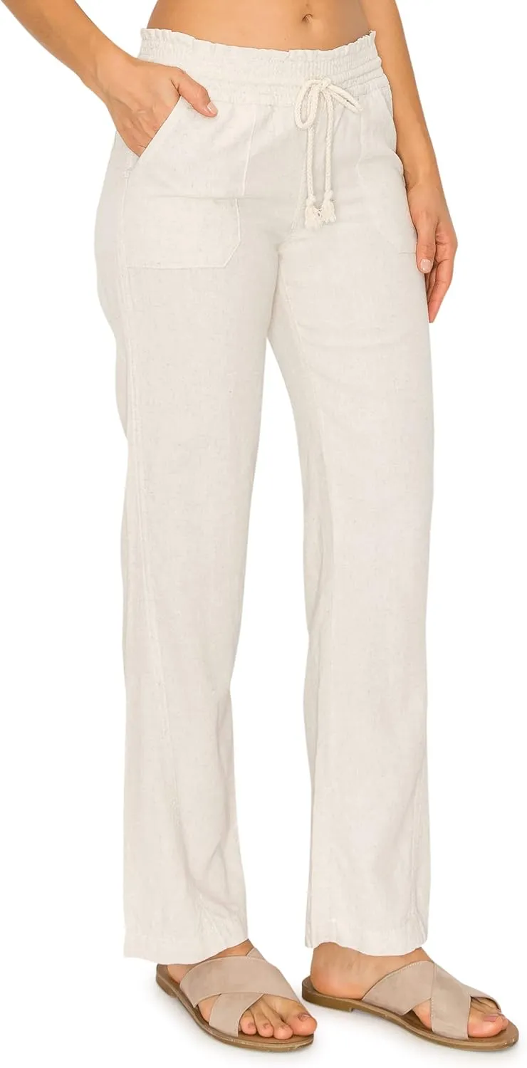 Cali1850 Women's Casual Linen Pants - 29", 32" Oceanside Drawstring Smocked Waist Beach Lounge Trousers with Pockets